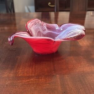 Murano Italy Glass Art Bowl Red White Floral Flower Petal